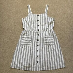 Barbour Dress Womens 12 Gray Striped Linen Button Front Midi Pockets Sundress